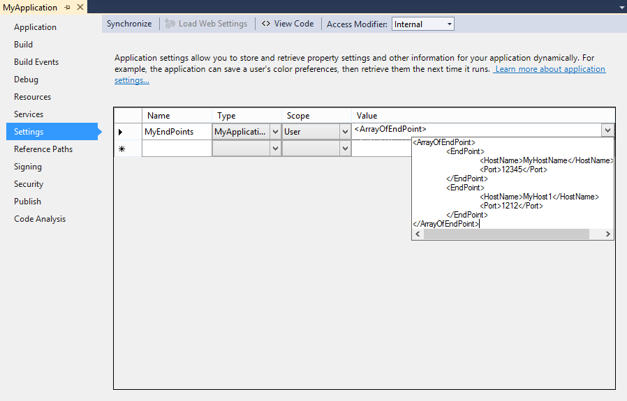 45nlj A setting with its value set to a complex value using the above XML.