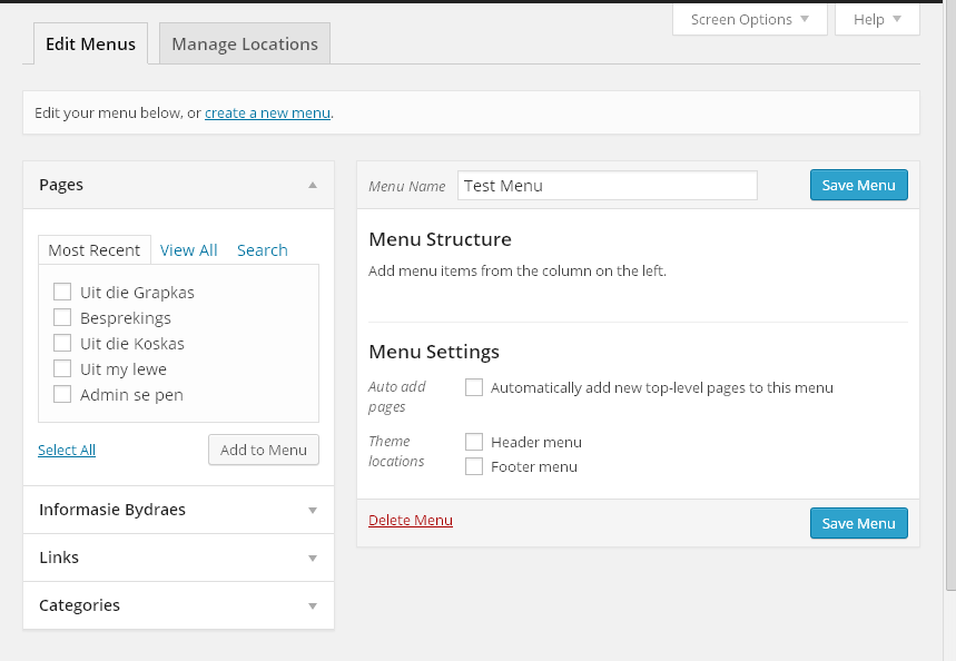 Screenshot of the menu