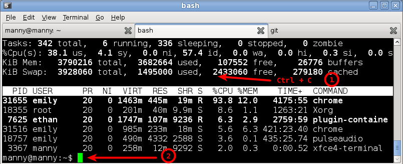 ss of xfce w/ top Ctrl+C