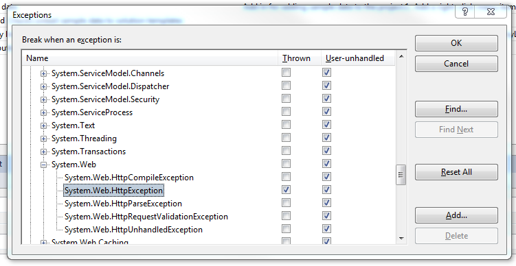 exceptions dialog