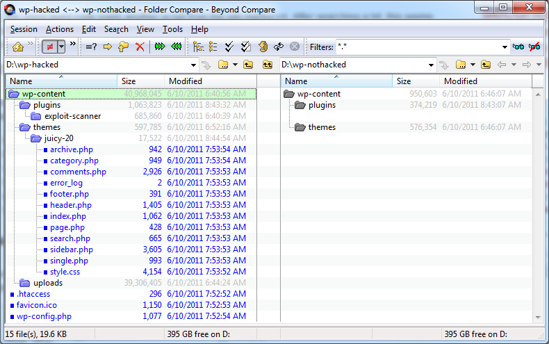 wordpress 3.1.3 file compare in Beyond Compare