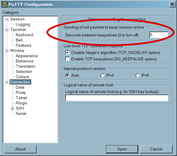 PuTTY Configuration dialog's Connection page