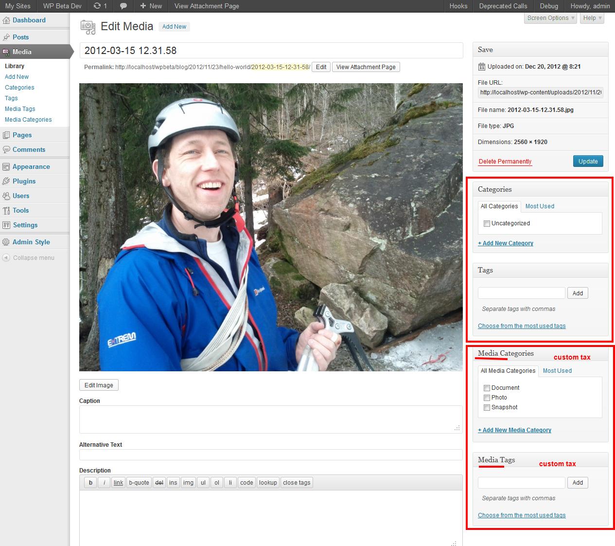 Screenshot of edit media in default post type ui with WP 3.5