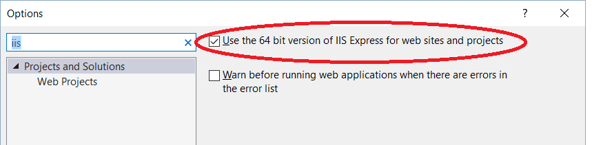 ixk7t Use the 64 bit version of IIS Express for web sites and projects screenshot