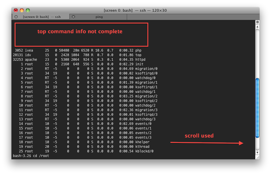 kaibx top while using screen, in Mac OS X, while scrolling