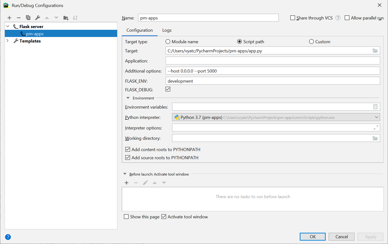 pjgga Run cofigurations of Flask server PyCharm