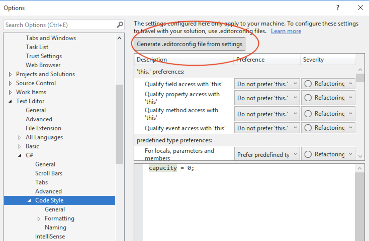 generate editor config file from settings button