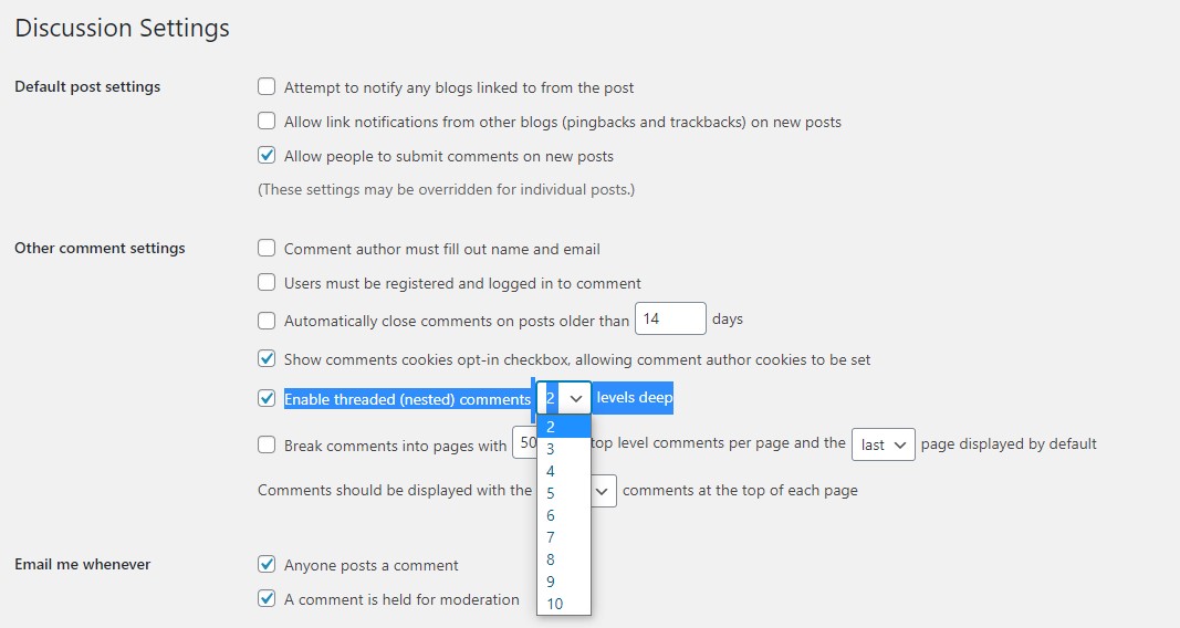 yjklz Is there a hook to update / replace values in the "Enable threaded (nested) comments x levels deep" drop down?