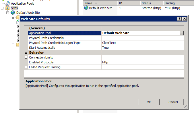 Screenshot of the "Web Site Defaults" properties window
