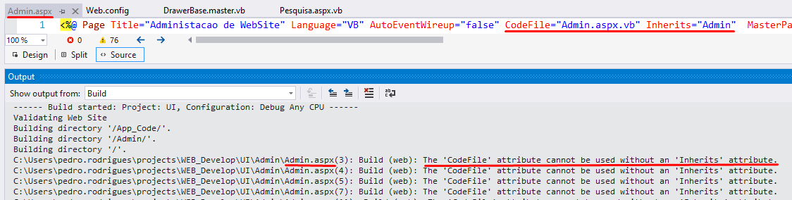 3brkb 'CodeFile' attribute cannot be used without an 'Inherits' attribute