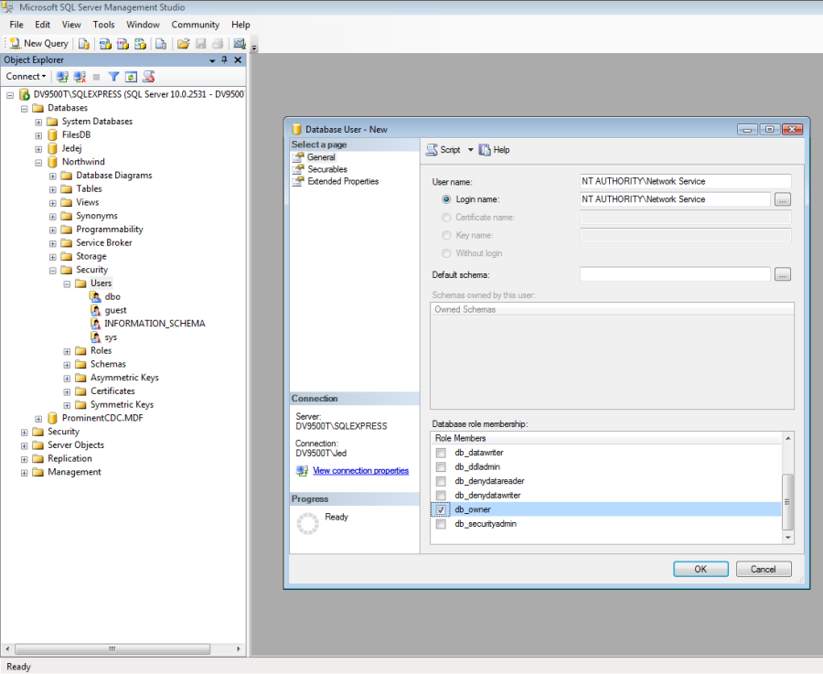 Screenshot of adding new user Network Service as db_owner to SqlExpress