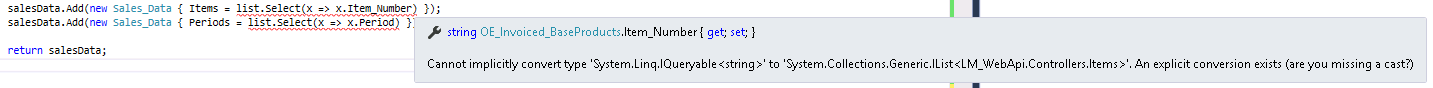 9wsha Cannot implicity convert type 'System.Collections.Generic.List<string>' to 'System.Collections.Generic.IList<LM_WebApi.Controllers.Items>