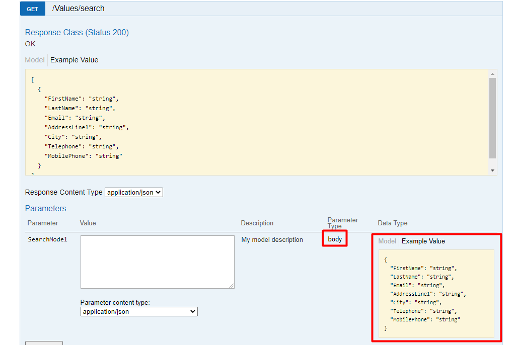 axp9e Swagger UI doesn't render body parameter field for my complex type parameter in GET action of my Controller