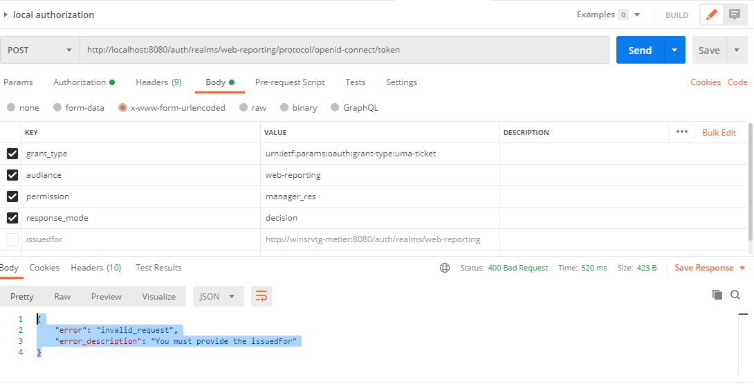 e3gt6 Postman keycloack issuedFor